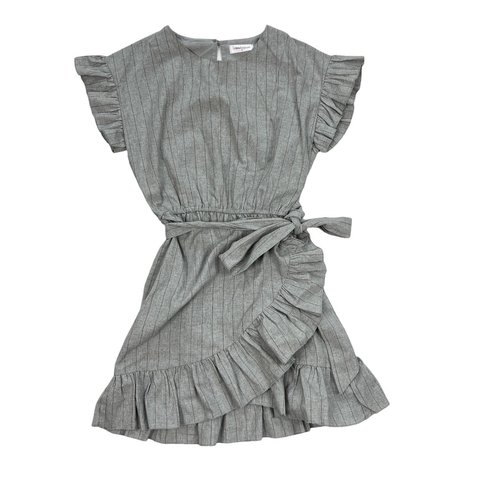 Vestique Gray Brown Striped Ruffle Wrap Tie Waist Mini Dress